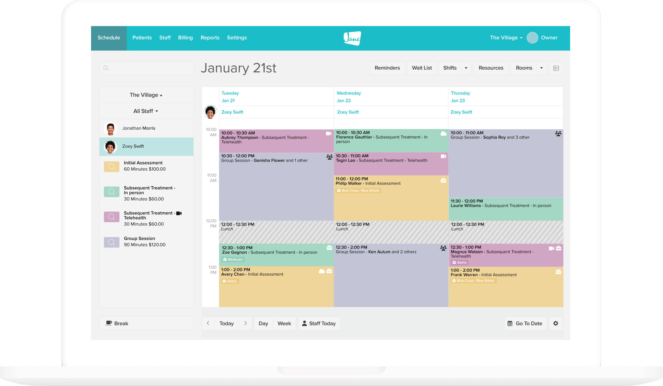 Jane App schedule view showing practitioner's appointments, including telehealth, in-person, and group sessions.